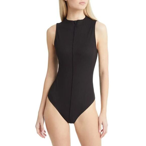 BP Womens Front Seam Bodysuit Small Black Ribbed Knit Sleeveless Funnel Neck Top - Picture 3 of 13